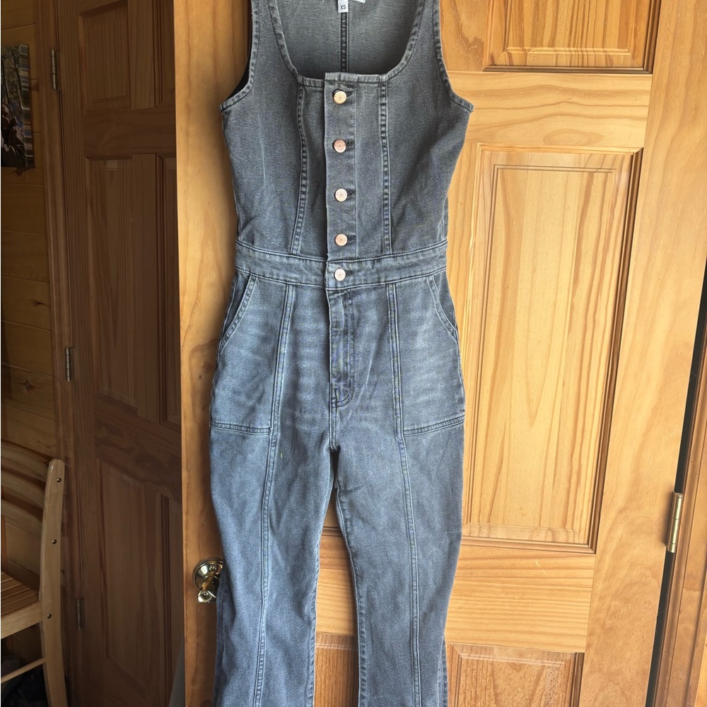 Gray Denim Jumpsuit with Button Details
